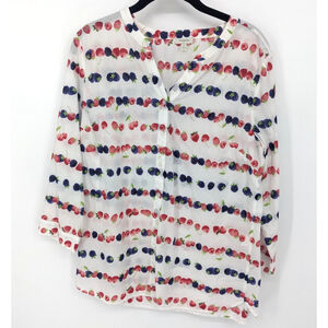 Talbots Shirt Womens Medium White Red Blue Fruit Print Cotton‎ Button Front Top